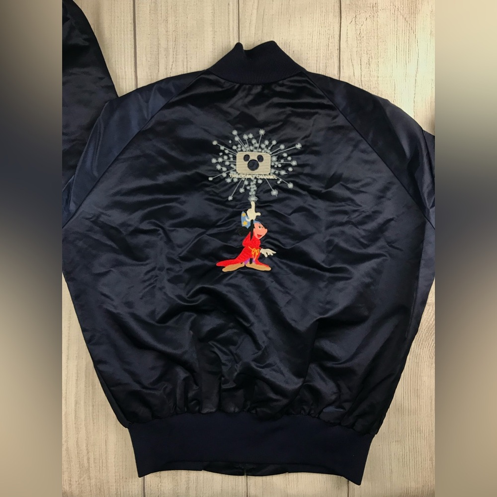 VGC! VTG Disney Channel Satin Bomber Jacket Fantasia Mickey USA Navy *Sz Medium
